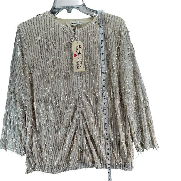 Southern Fried Chics Jacket 3XL Champagne Beige Mesh Sequin Fringe Boho Showgirl - Picture 8 of 16